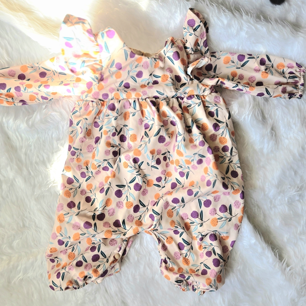 Mabel +Honey Infant Girl Charming Floral Romper Orange and Purple 9 Months